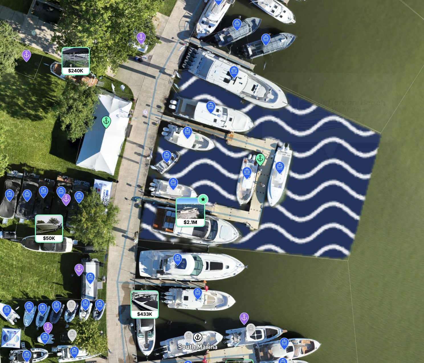An exhibitor's dock area highlighted on the map with each boat pinned