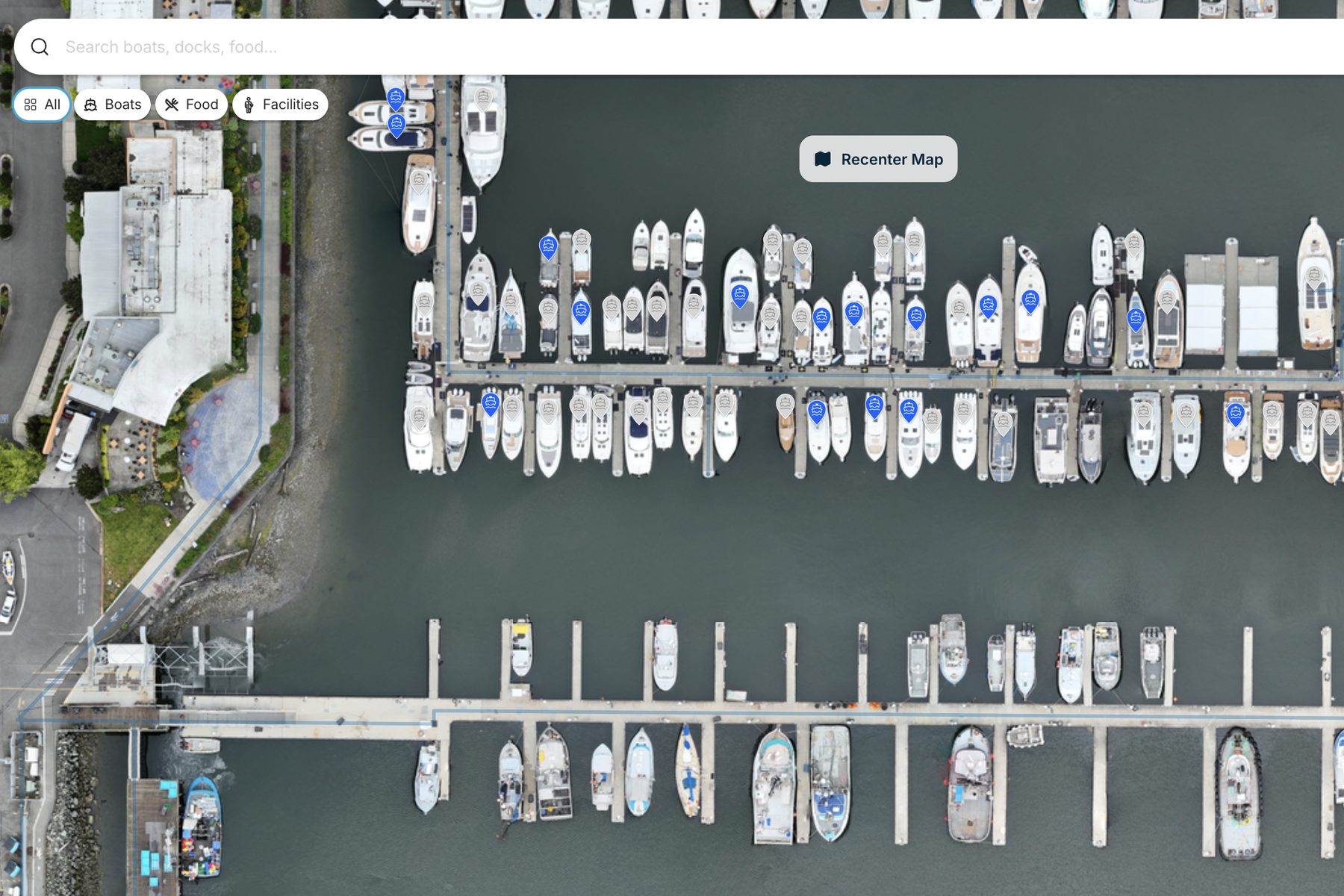 Live show map of a marina with every boat pinned, a search bar and filters for boats, food and facilities